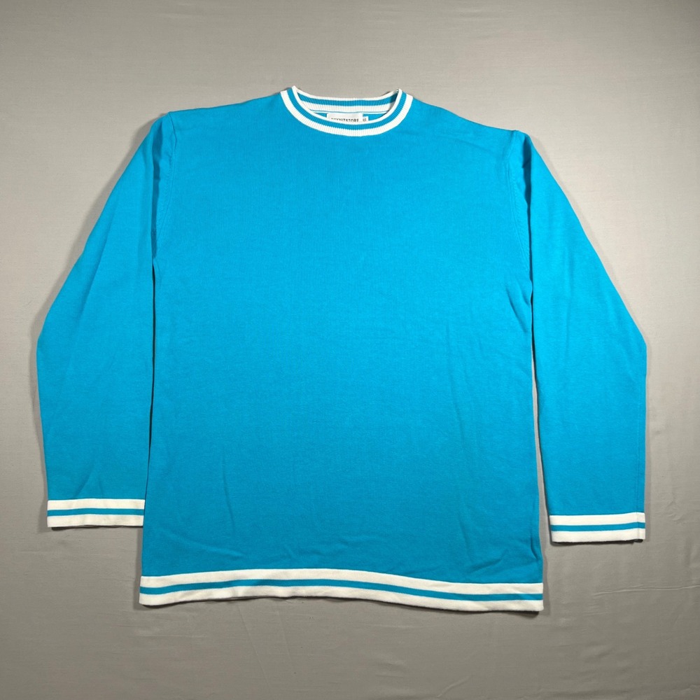 OXKNITSTORE Mens XL Turquoise Blue Cotton‎ Knit Long Sleeve Striped Crew Sweater